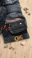 Kids Dark Wash Denim Cargo Shorts with Embroidered Patches (S–XL)