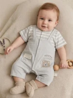 Baby Boys Cute Teddy Bear 2-in-1 Romper – Soft Grey Striped Layered Jumpsuit