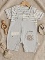 Baby Boys Cute Teddy Bear 2-in-1 Romper – Soft Grey Striped Layered Jumpsuit