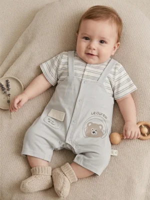 Baby Boys Cute Teddy Bear 2-in-1 Romper – Soft Grey Striped Layered Jumpsuit