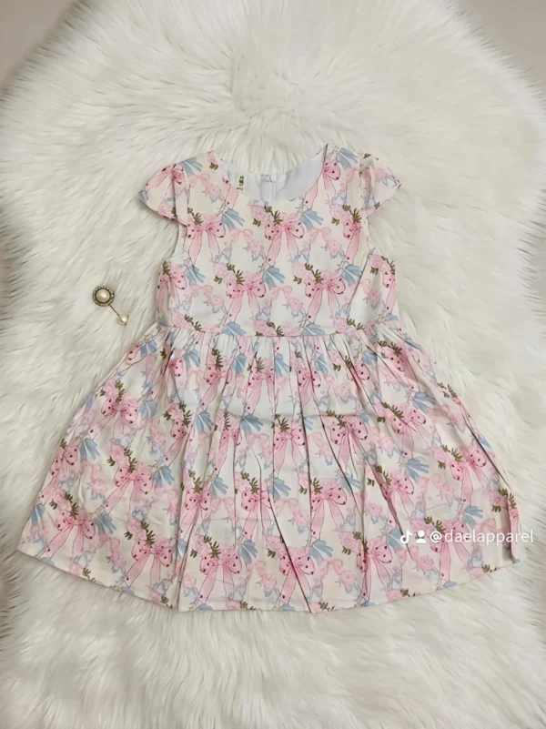 Kids Cotton Dress | Girls Gathered Frock | Pink Ribbon Bow Floral Pattern | sizes 100-140
