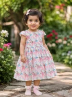 Kids Cotton Dress | Girls Gathered Frock | Pink Ribbon Bow Floral Pattern | sizes 100-140