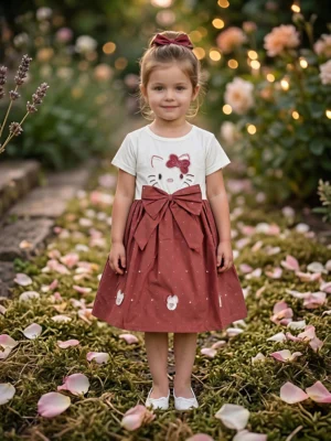 Girls Hello Kitty Character Embroidery Frock – Rose Red & White Bow Dress
