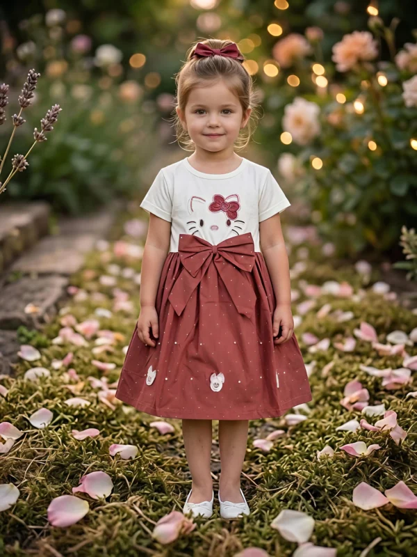 Girls Hello Kitty Character Embroidery Frock – Rose Red & White Bow Dress
