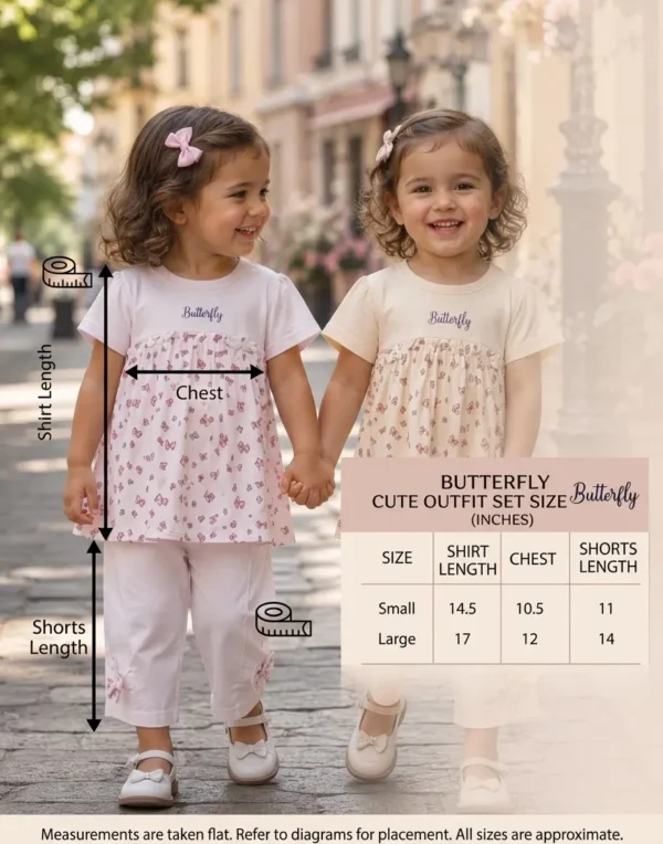 Girls Sweet Butterfly 2-Piece Outfit Set – Top & Knicker Shorts (Small & Large)