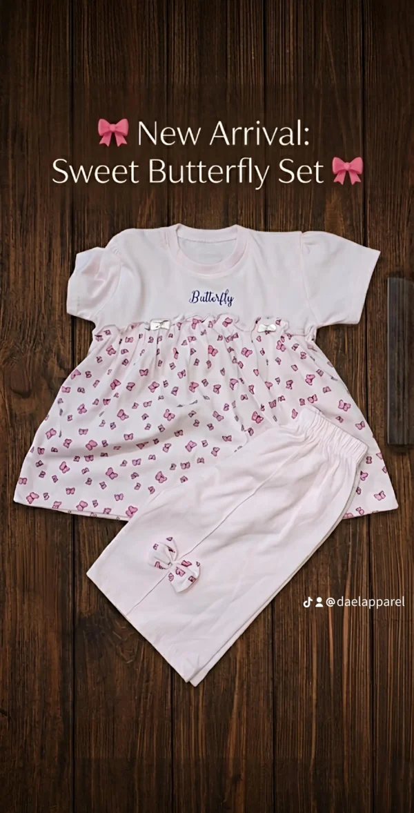 Girls Sweet Butterfly 2-Piece Outfit Set – Top & Knicker Shorts (Small & Large)