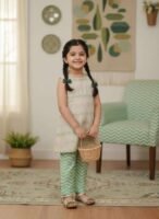 Premium Cotton Girl 2-Piece Kurti & Trouser Set – Ethnic Zigzag Summer Suit