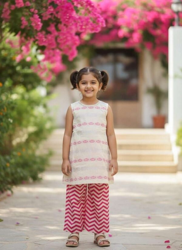 Premium Cotton Girl 2-Piece Kurti & Trouser Set – Ethnic Zigzag Summer Suit