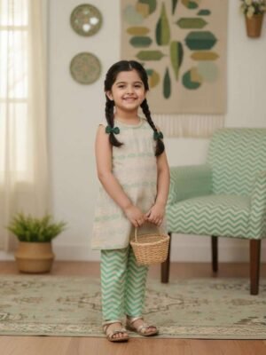 Premium Cotton Girl 2-Piece Kurti & Trouser Set – Ethnic Zigzag Summer Suit