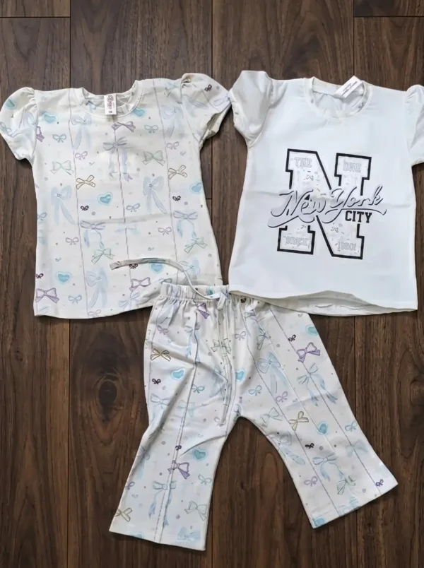 Girls 3-Piece Loungewear Set – New York Graphic Top, Ribbon Print Shirt & Trouser