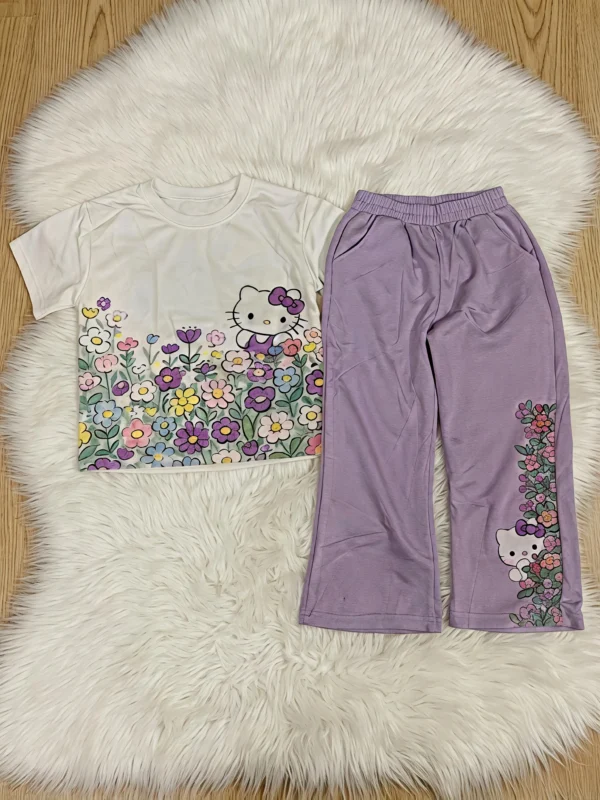 Girls Hello Kitty & Floral 2-Piece Pajama Set – Short Sleeve Shirt & Purple Trousers