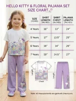Girls Hello Kitty & Floral 2-Piece Pajama Set – Short Sleeve Shirt & Purple Trousers