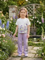 Girls Hello Kitty & Floral 2-Piece Pajama Set – Short Sleeve Shirt & Purple Trousers