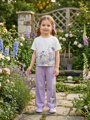 Girls Hello Kitty & Floral 2-Piece Pajama Set – Short Sleeve Shirt & Purple Trousers