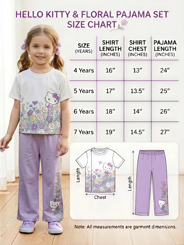 Girls Hello Kitty & Floral 2-Piece Pajama Set – Short Sleeve Shirt & Purple Trousers