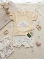 Baby Girls Cute Pastel Bear 2-Piece Summer Set – Soft Yellow T-Shirt & Floral Bloomer Shorts
