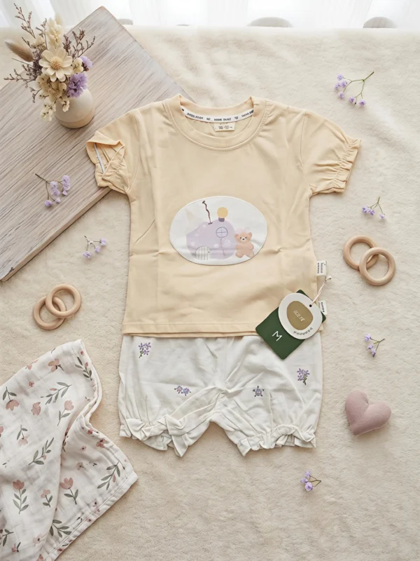 Baby Girls Cute Pastel Bear 2-Piece Summer Set – Soft Yellow T-Shirt & Floral Bloomer Shorts