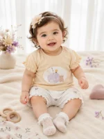 Baby Girls Cute Pastel Bear 2-Piece Summer Set – Soft Yellow T-Shirt & Floral Bloomer Shorts