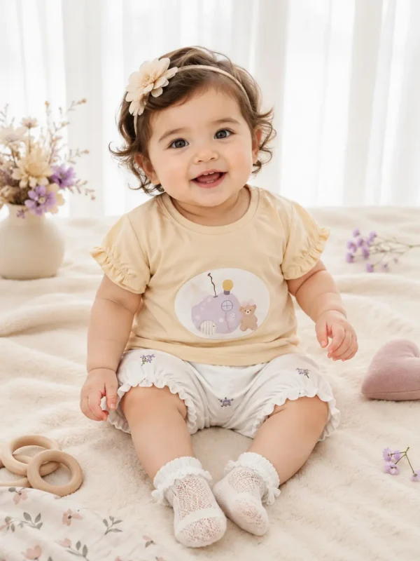 Baby Girls Cute Pastel Bear 2-Piece Summer Set – Soft Yellow T-Shirt & Floral Bloomer Shorts