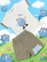 Baby Boys Cute Monster 2-Piece Summer Set – White T-Shirt & Olive Knicker Shorts