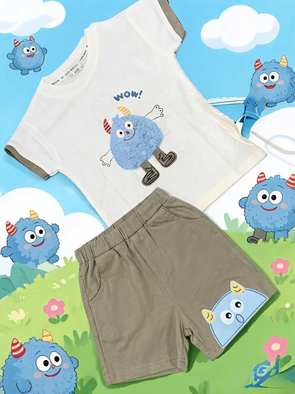 Baby Boys Cute Monster 2-Piece Summer Set – White T-Shirt & Olive Knicker Shorts