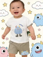 Baby Boys Cute Monster 2-Piece Summer Set – White T-Shirt & Olive Knicker Shorts