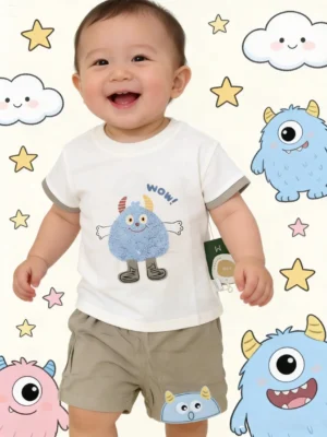 Baby Boys Cute Monster 2-Piece Summer Set – White T-Shirt & Olive Knicker Shorts