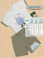 Baby Boys Cute Monster 2-Piece Summer Set – White T-Shirt & Olive Knicker Shorts