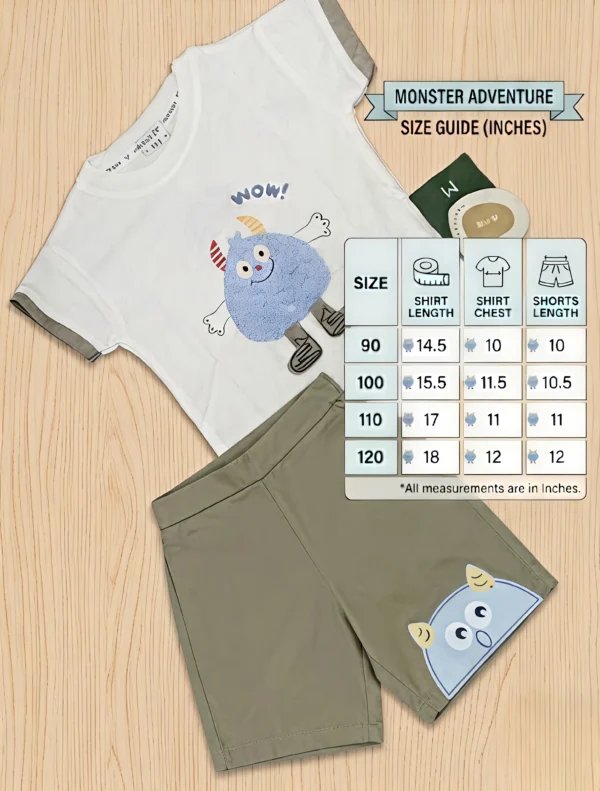Baby Boys Cute Monster 2-Piece Summer Set – White T-Shirt & Olive Knicker Shorts