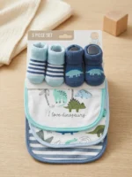 Duck Duck Goose 5-Piece Baby Gift Set – 3 Soft Absorbent Bibs & 2 Pairs of Bootie Socks (0-6 Months)