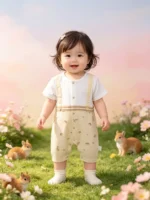 Vintage Woodland Baby Romper – Neutral Suspender Style Romper