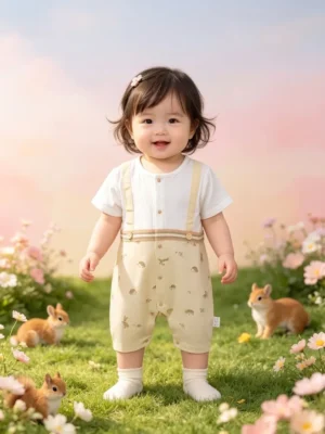 Vintage Woodland Baby Romper – Neutral Suspender Style Romper