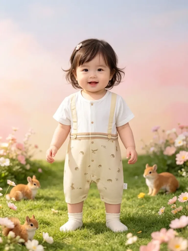 Vintage Woodland Baby Romper – Neutral Suspender Style Romper