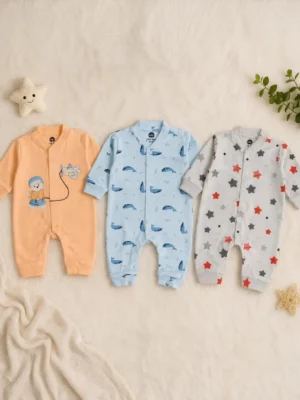 Cozy Newborn Baby Winter Rompers – Pack of 3 (Soft & Warm Pajama Suits)
