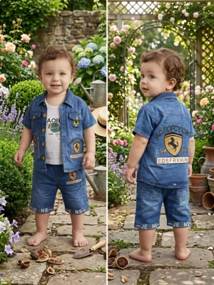 Baby Boys Denim 3-Piece Outfit Set – Short-Sleeve Outer Shirt, Inner Tee & Shorts