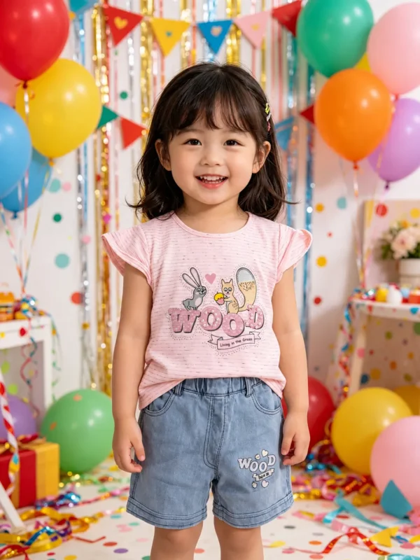 Girls 2-Piece Flutter Sleeve T-Shirt & Denim Shorts Set (Sizes S–L)