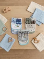 Duck Duck Goose 5-Piece Baby Gift Set – 3 Soft Absorbent Bibs & 2 Pairs of Bootie Socks (0-6 Months)