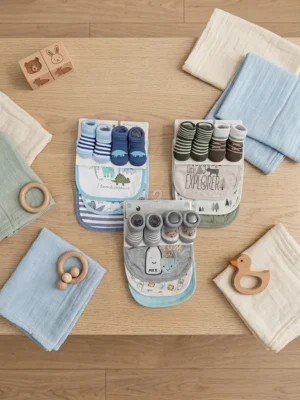 Duck Duck Goose 5-Piece Baby Gift Set – 3 Soft Absorbent Bibs & 2 Pairs of Bootie Socks (0-6 Months)