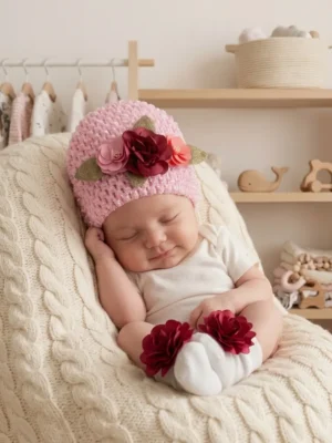 Baby Girl Floral Crochet Beanie & Matching Socks Set (0–6 Months)