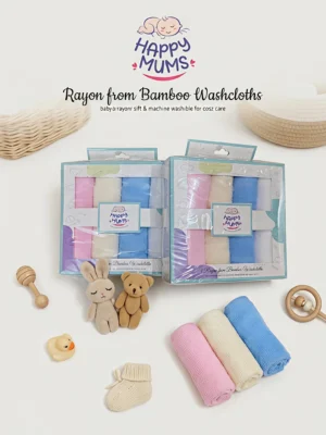 Happy Mums Ultra-Soft Rayon from Bamboo Baby Washcloths (Pack of 4) – Premium Gift Box Set