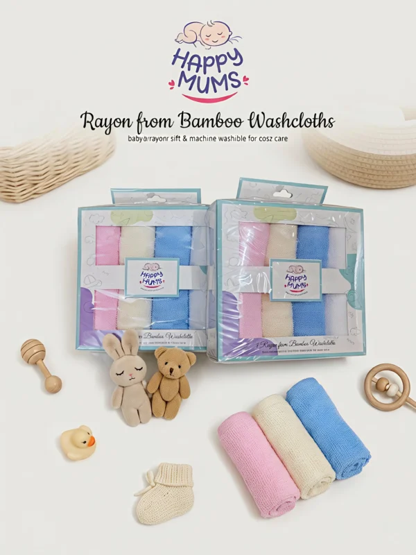 Happy Mums Ultra-Soft Rayon from Bamboo Baby Washcloths (Pack of 4) – Premium Gift Box Set
