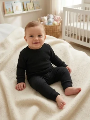 Baby Waffle Knit Thermal Inner Set (Black) – 9-12 Months
