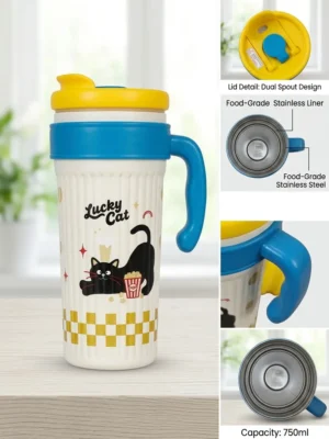Insulated Stainless Steel "Lucky Cat" Tumbler (750ml) – Dual Spout Lid