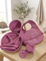Premium 8-Pcs Silicone Baby Feeding Set – Non-Slip Suction Divided Plate, Bowl, Adjustable Bib, Sippy Cup, Snack Lid & Spoon Fork Set (BPA Free)