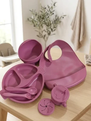 Premium 8-Pcs Silicone Baby Feeding Set – Non-Slip Suction Divided Plate, Bowl, Adjustable Bib, Sippy Cup, Snack Lid & Spoon Fork Set (BPA Free)