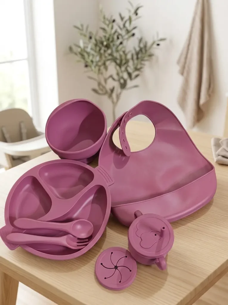 Premium 8-Pcs Silicone Baby Feeding Set – Non-Slip Suction Divided Plate, Bowl, Adjustable Bib, Sippy Cup, Snack Lid & Spoon Fork Set (BPA Free)