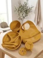 Premium 8-Pcs Silicone Baby Feeding Set – Non-Slip Suction Divided Plate, Bowl, Adjustable Bib, Sippy Cup, Snack Lid & Spoon Fork Set (BPA Free)