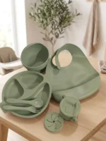 Premium 8-Pcs Silicone Baby Feeding Set – Non-Slip Suction Divided Plate, Bowl, Adjustable Bib, Sippy Cup, Snack Lid & Spoon Fork Set (BPA Free)